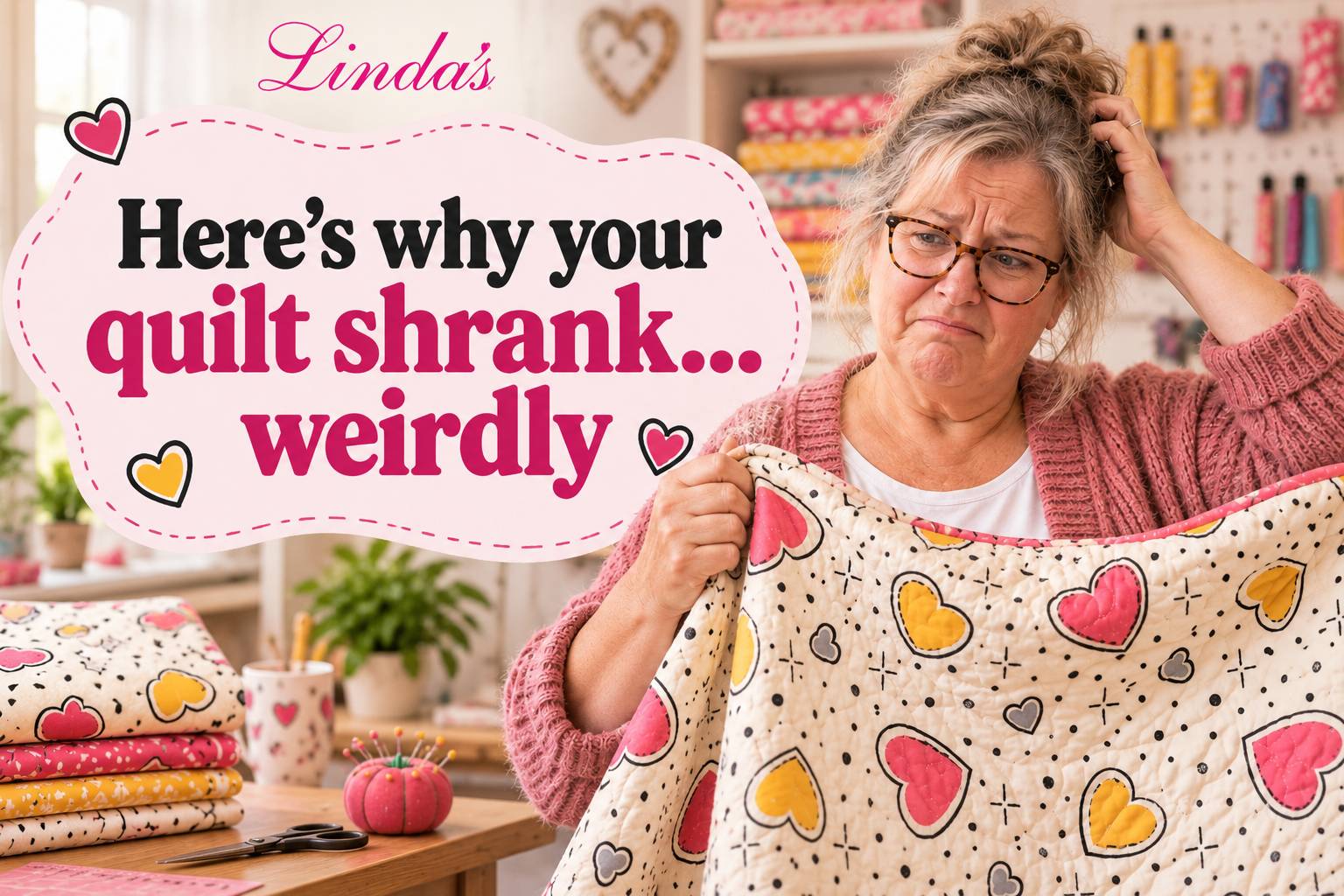 Wide, brightly lit sewing room scene with a woman in glasses and a pink cardigan holding a cream quilt patterned with pink, yellow, and gray hearts an...