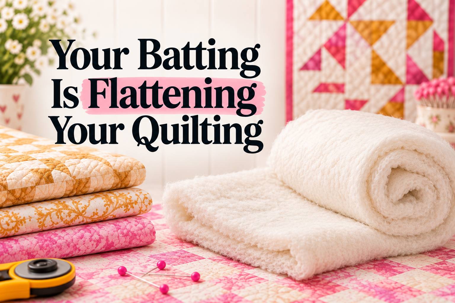 A wide, brightly lit quilting workspace shows folded peach, cream, and pink patterned fabric at left, a thick white batting roll across the right fore...