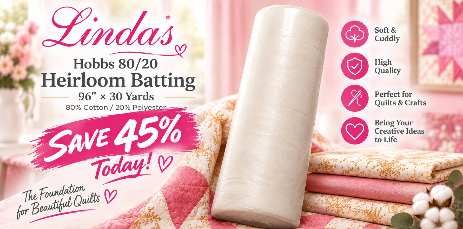 Hobbs 80/20 Heirloom cotton-poly batting 96 inch wide roll for longarm quilting at Linda’s