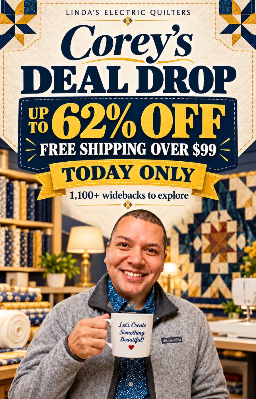 A vertically framed promotional image shows a man in a gray zip-up jacket over a navy patterned shirt holding a white mug in a brightly lit quilt shop...