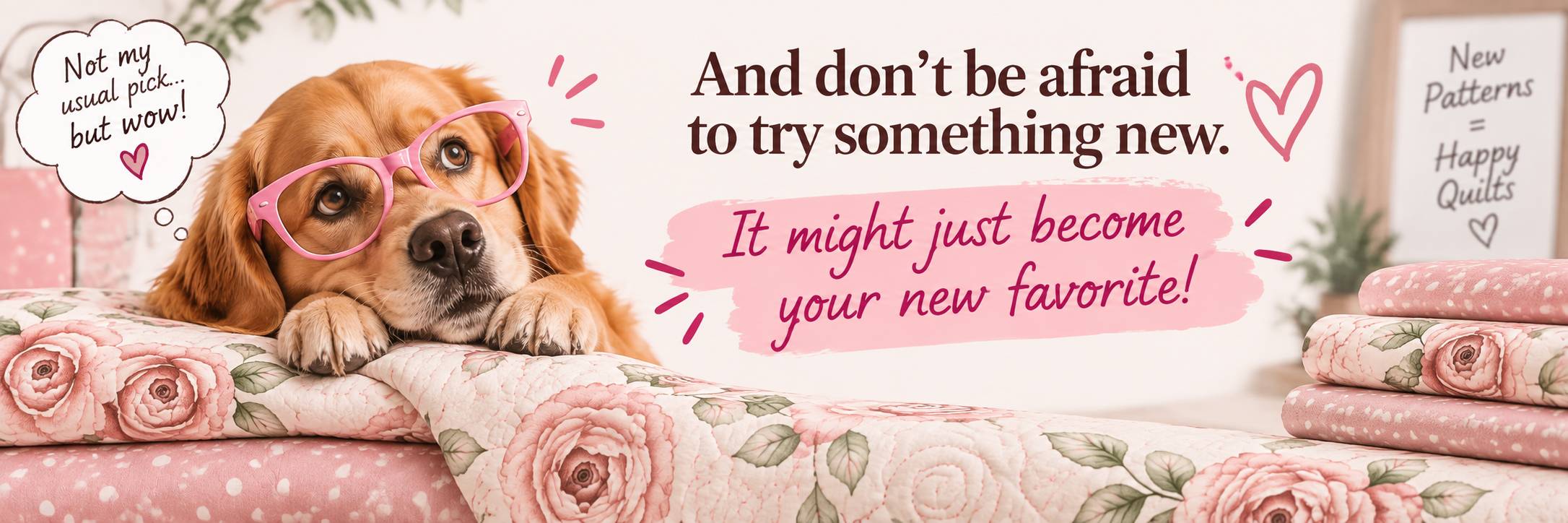 Golden retriever puppy in pink glasses resting its chin on a pink floral quilt stitched with an edge-to-edge pantograph design