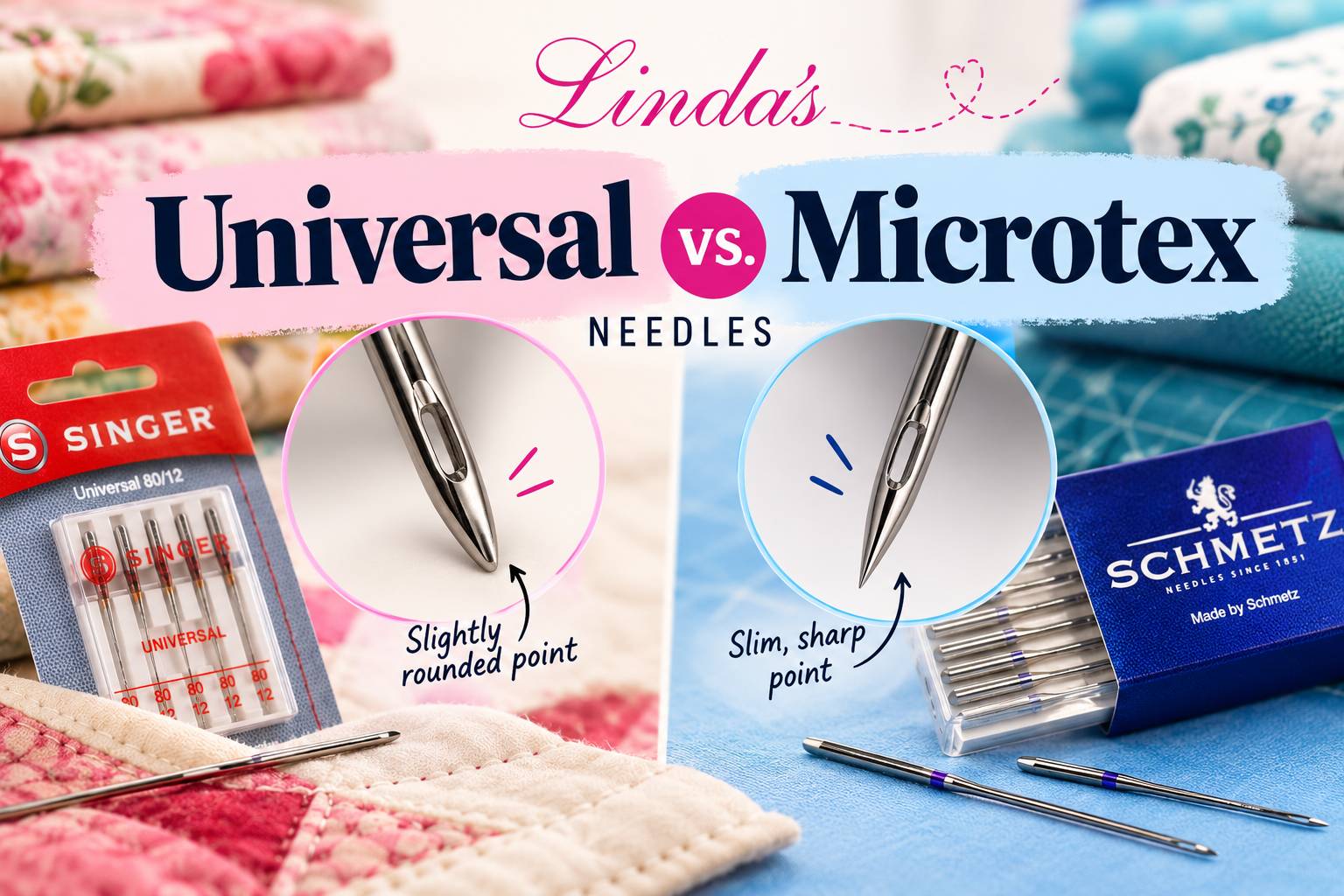 A bright, close-up comparison graphic shows sewing machine needles and packages arranged on pink quilted fabric at left and blue fabric at right, with...