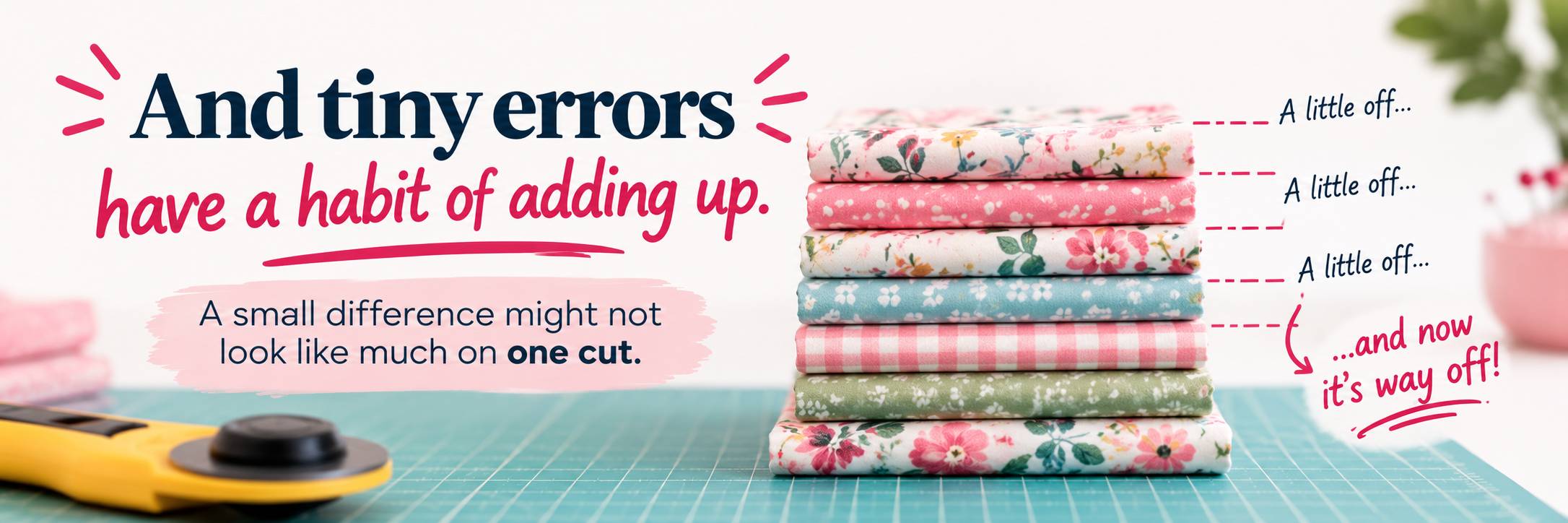 Stacked floral quilting fabric pieces on a turquoise cutting mat next to a yellow rotary cutter and acrylic quilting ruler