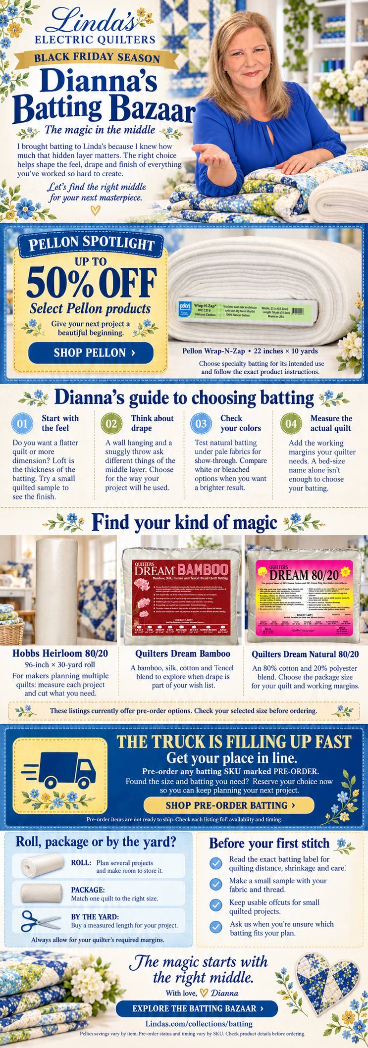 A tall, vertically arranged quilting promotion uses cream, navy, royal blue, gold, and floral accents, with a medium shot of a woman in a blue blouse ...
