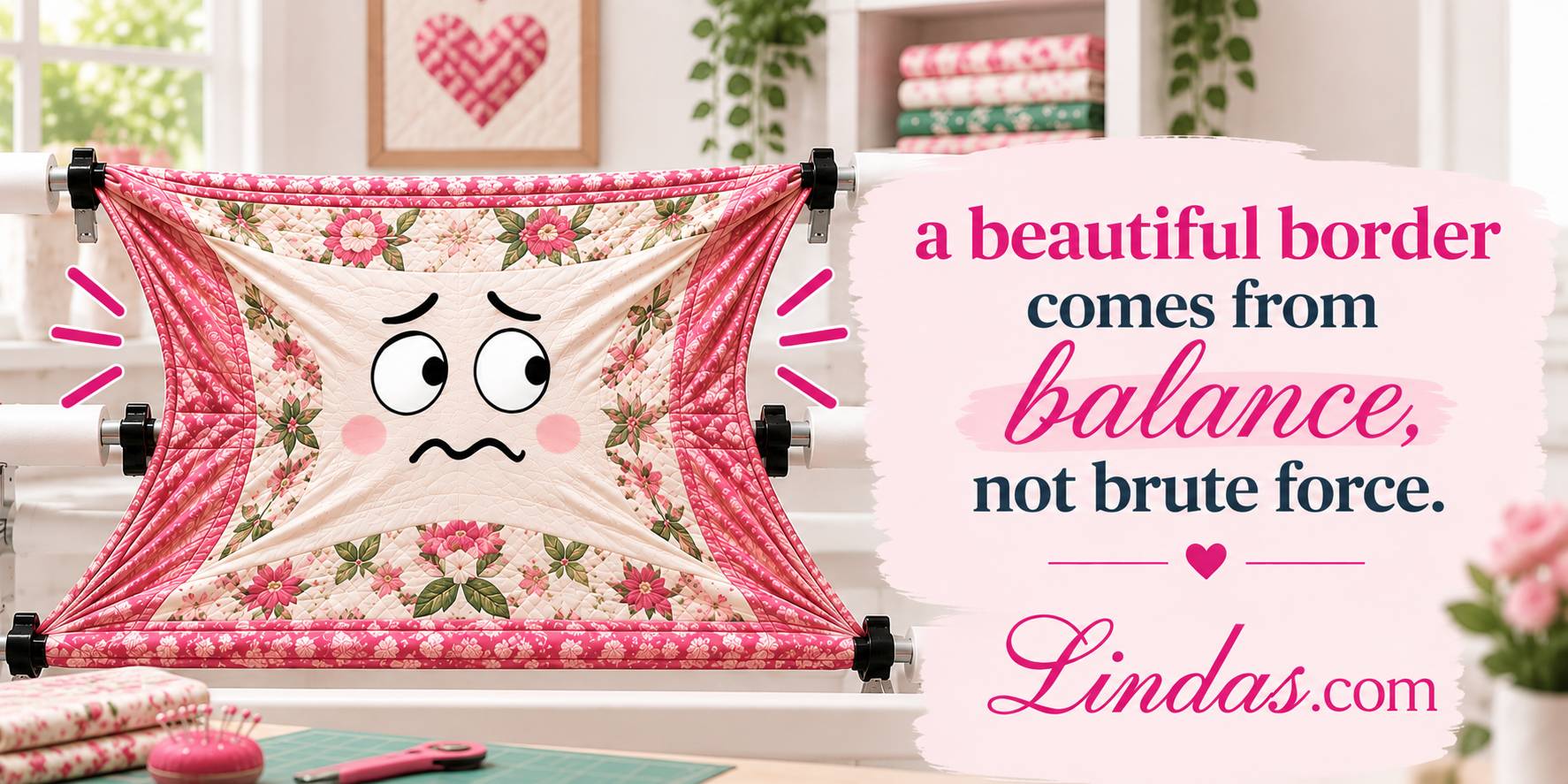 A wide, brightly lit sewing-room scene shows a pink, cream, and floral quilt stretched across a frame, with a cartoon face drawn on its center panel; ...