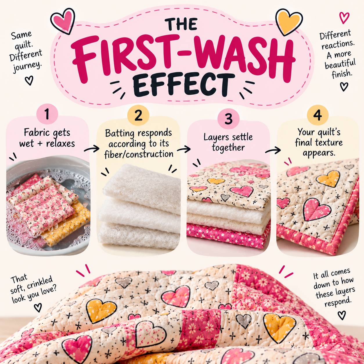 A pastel infographic titled “THE FIRST-WASH EFFECT” shows four numbered quilt-washing stages above photos of patterned fabric and a finished heart-pri...