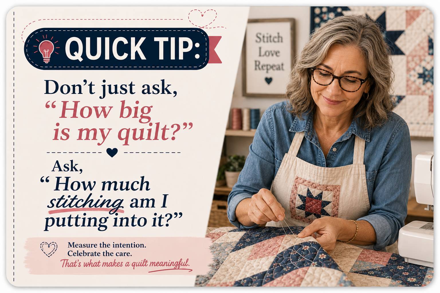 A quilter hand-stitching a quilt at her sewing table