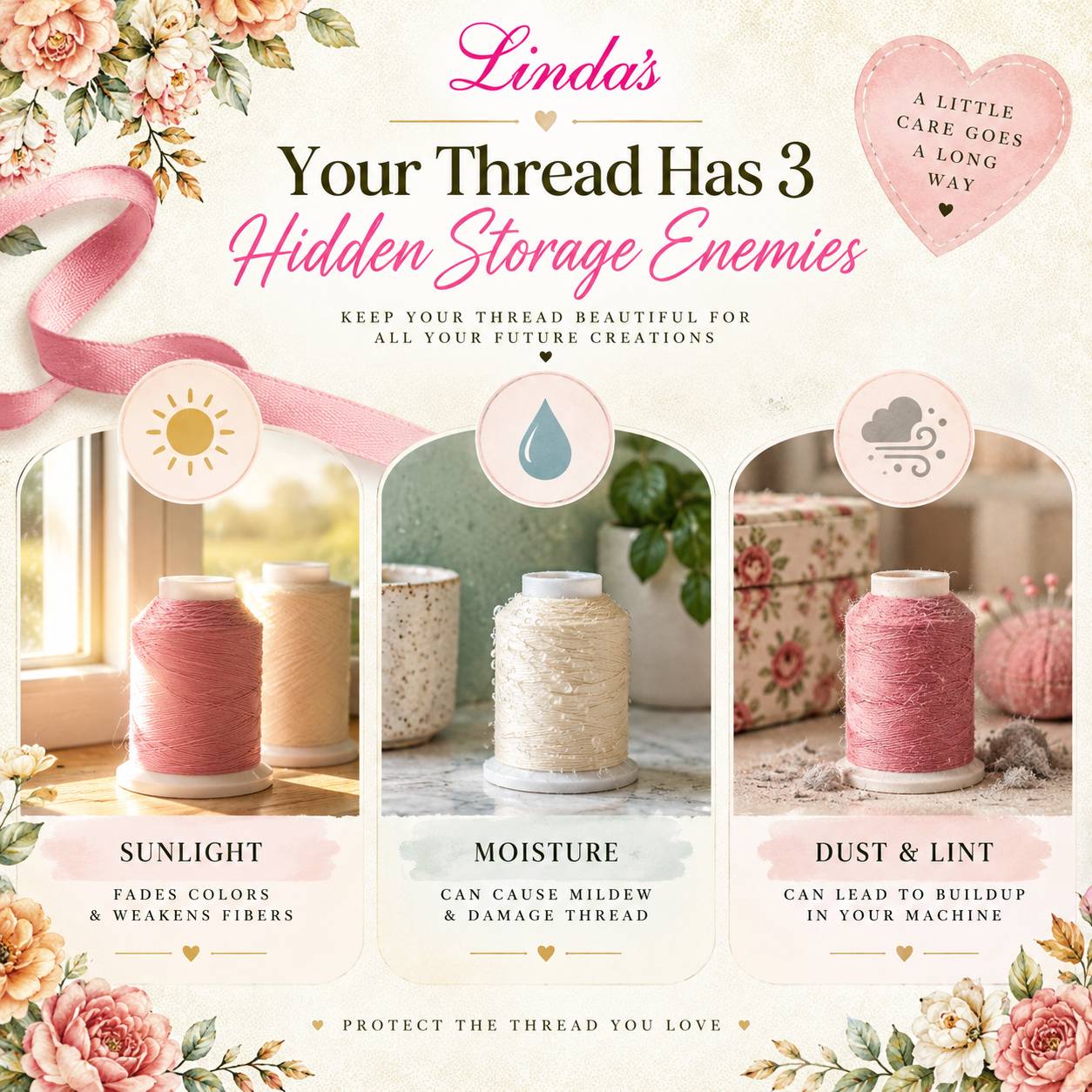 A square cream-colored infographic with pink and peach flowers, green leaves, and a curling pink ribbon framing three arched panels showing spools of ...