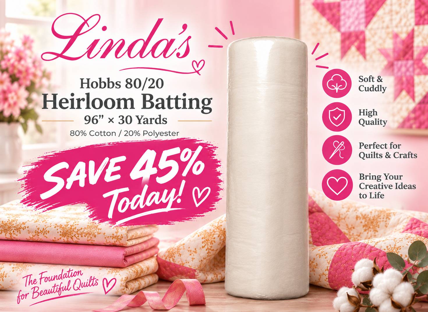 A tall white roll of batting stands in the center of a bright, softly lit pink sewing display, surrounded by folded pink and cream floral fabrics, qui...