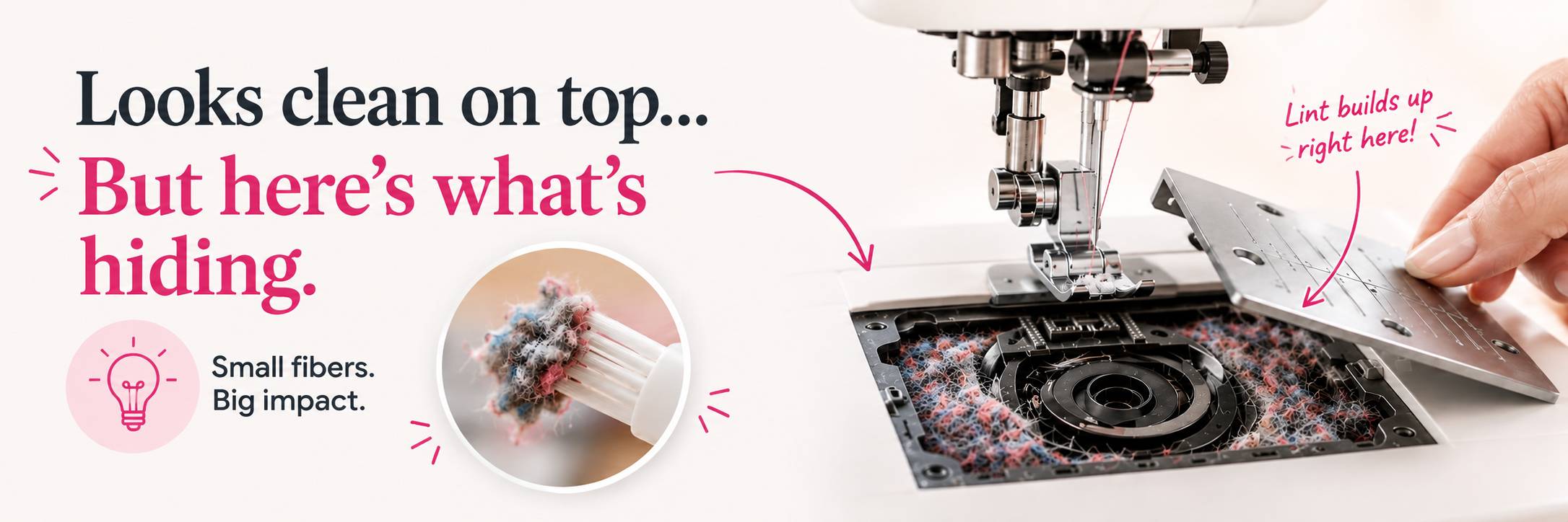 Sewing machine with the needle plate removed revealing accumulated lint and fibers around the feed dogs — looks clean on top, a different story underneath