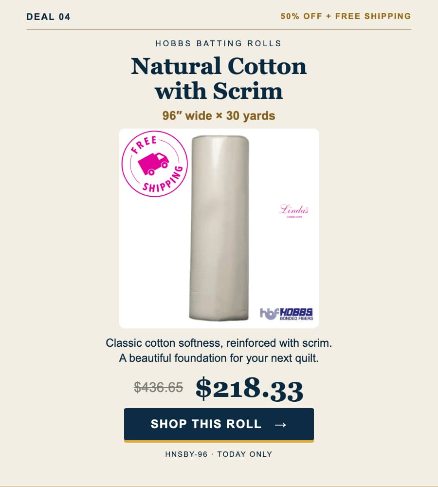 A centered, front-facing product advertisement on a pale cream background shows a tall white cotton batting roll on a white panel, with a pink circula...