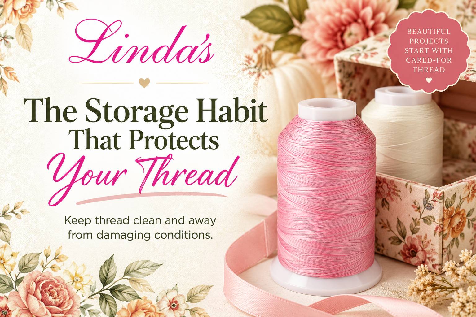 A wide, softly lit sewing-themed graphic pairs a cream floral background and pink script with two upright thread spools—one pink and one ivory—in a fl...