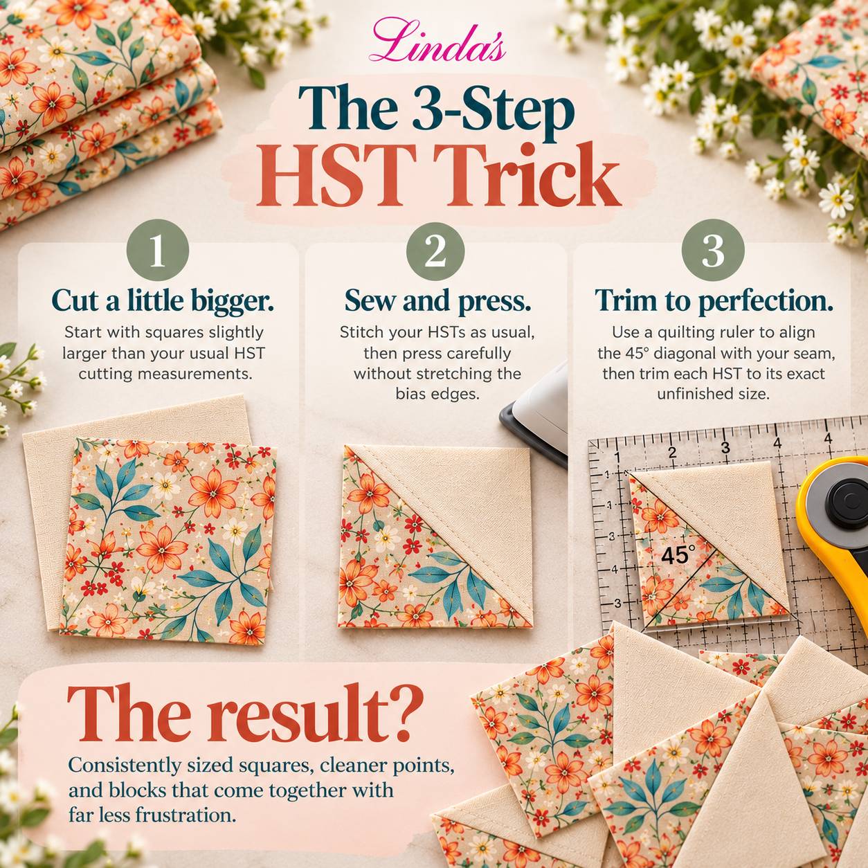 Overhead infographic on a pale fabric-textured background, with folded floral-print quilting fabric and white daisies at the top, three numbered instr...
