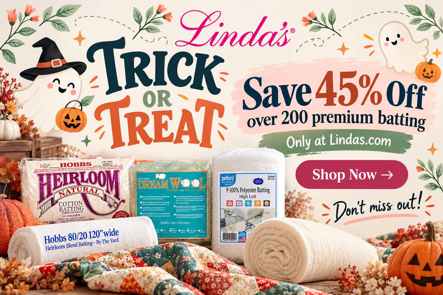 A wide, straight-on Halloween-themed quilting sale banner shows a witch-hat-wearing ghost, a second ghost, pumpkins, autumn flowers and leaves, patter...