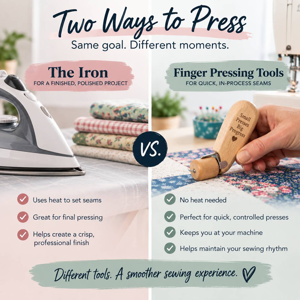 Two ways to press quilt seams — the iron for a finished, polished project and a finger pressing tool for quick in-process seams at the machine