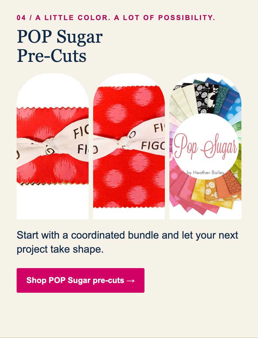 A cream-colored promotional page features three fabric images: two close-up red fabrics with pink patterns and white selvage edges bearing partial tex...