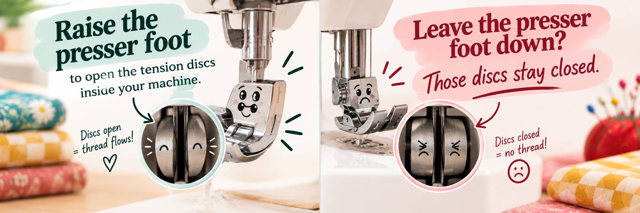 Split-screen illustration of two sewing machines: on the left, presser foot raised and a happy tension disc with thread seated correctly; on the right, presser foot down and a sad tension disc with thread sitting outside the closed discs
