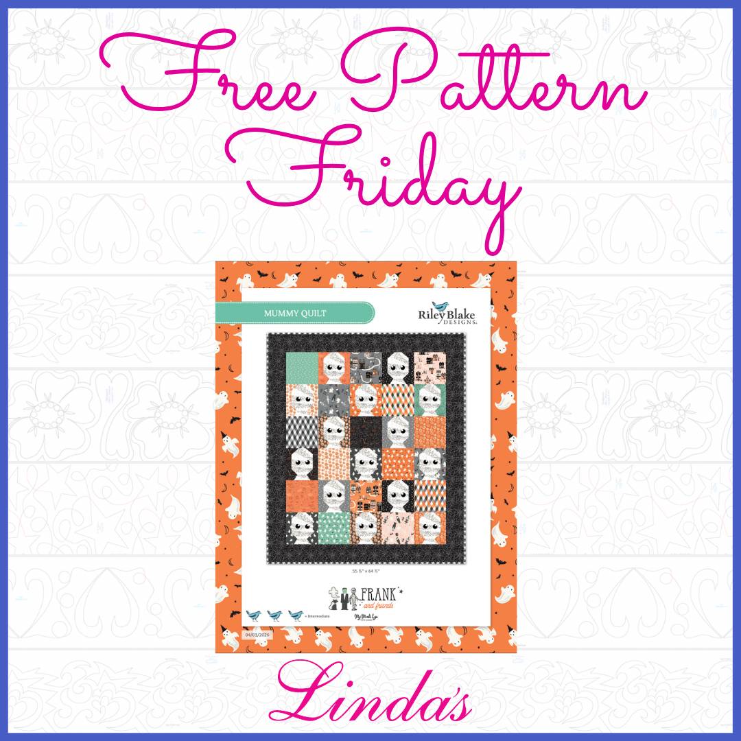 Square promotional graphic with a thin blue border and a pale gray repeating quilt-pattern background, centered orange quilt pattern packaging showing...