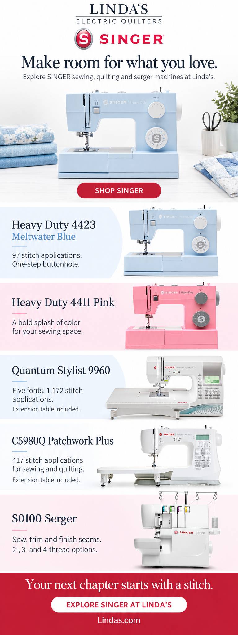 A tall, front-facing promotional graphic shows sewing machines arranged in horizontal product sections on pale blue, pink, and white backgrounds, with...