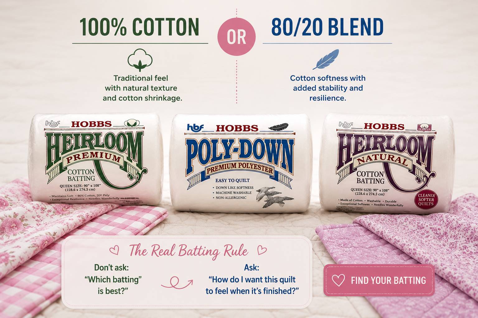 Hobbs Heirloom batting comparison — 100% cotton batting packages on the left versus 80/20 cotton-poly blend on the right