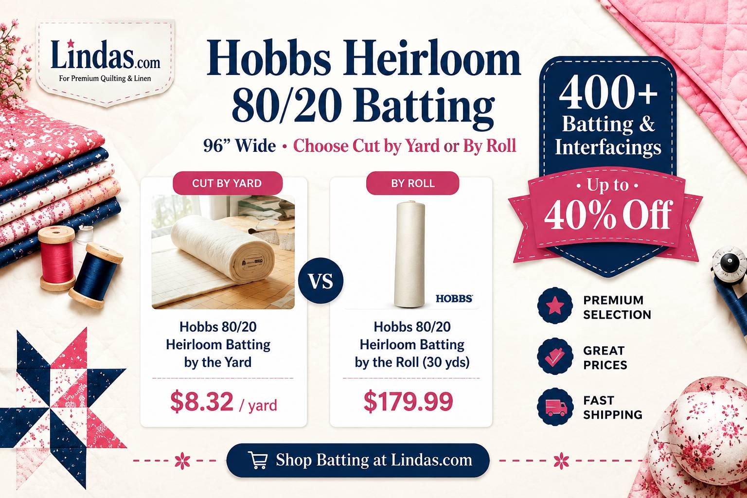 Hobbs Heirloom 80/20 Batting, 96 inch wide — choose cut by the yard or by the roll at Lindas.com