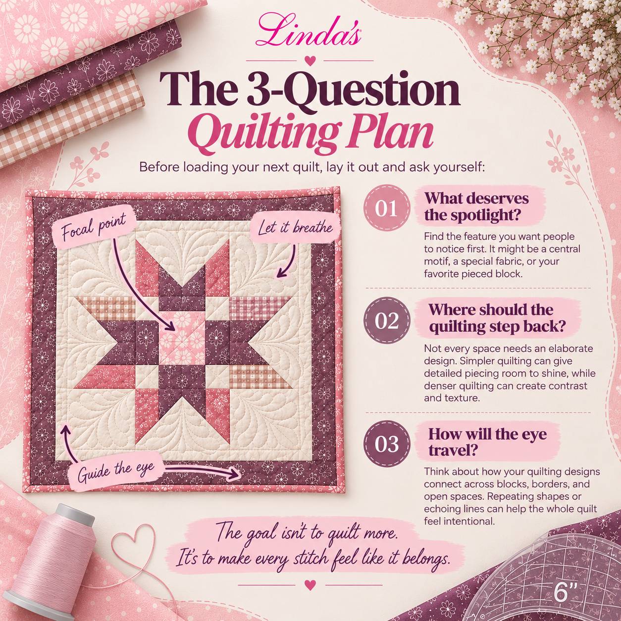 A square, pastel pink and plum quilting infographic shows a patchwork quilt in a close, slightly overhead view at left, folded floral and gingham fabr...