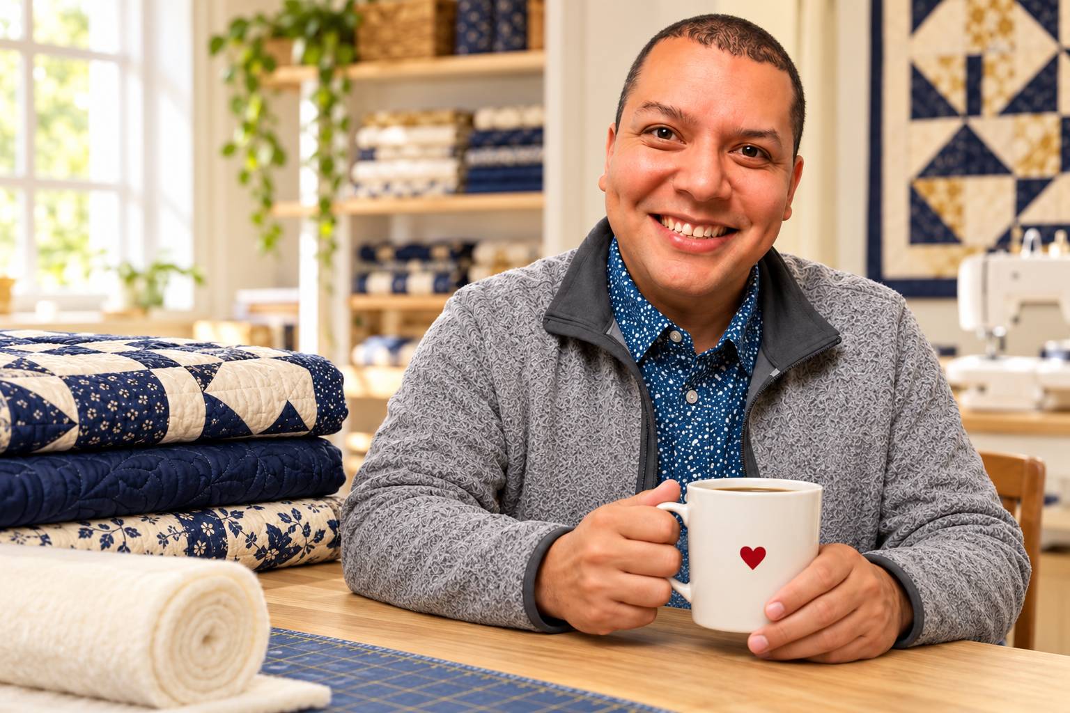 A medium-wide, eye-level view shows a seated man in a gray textured zip-up jacket over a blue-and-white patterned shirt, holding a white mug with a re...