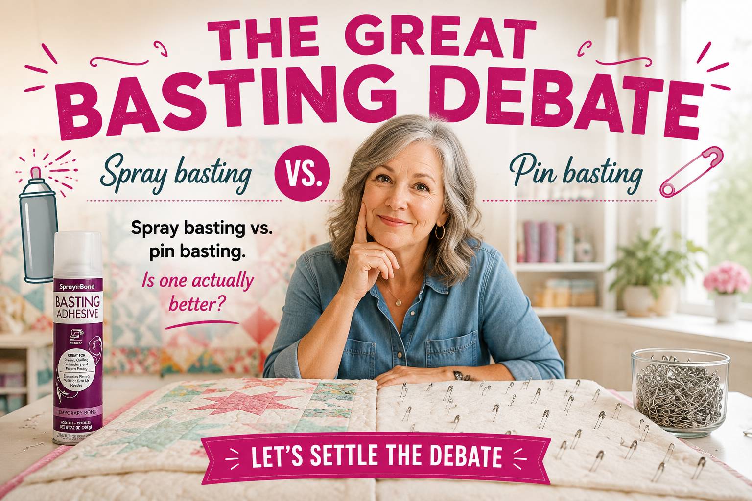 A medium shot shows a woman with gray hair and a denim shirt sitting at a table with a quilt in front of her, with text overlay reading 'THE GREAT BAS...