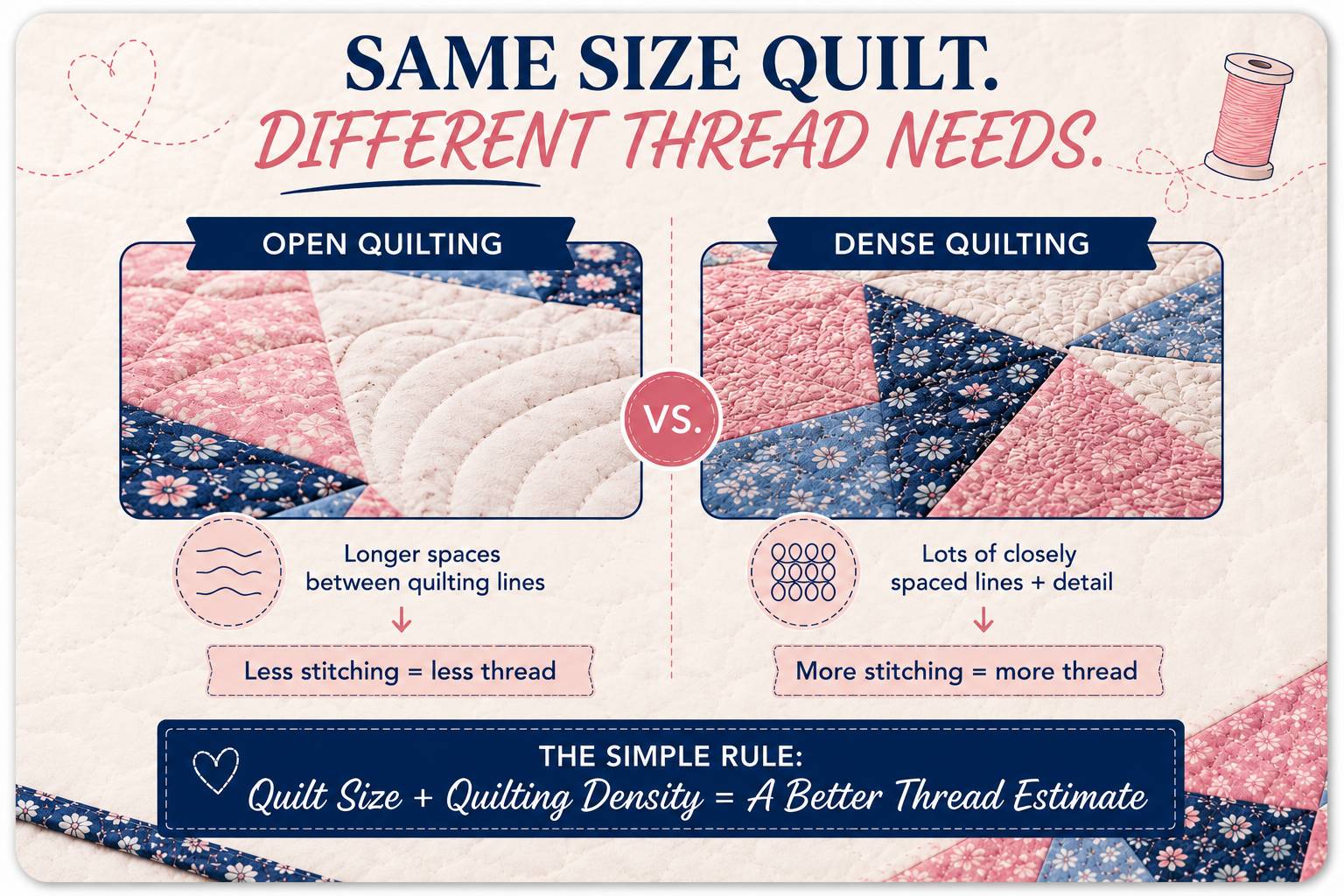 Same size quilt, different thread needs — comparison of open quilting versus dense quilting stitch coverage