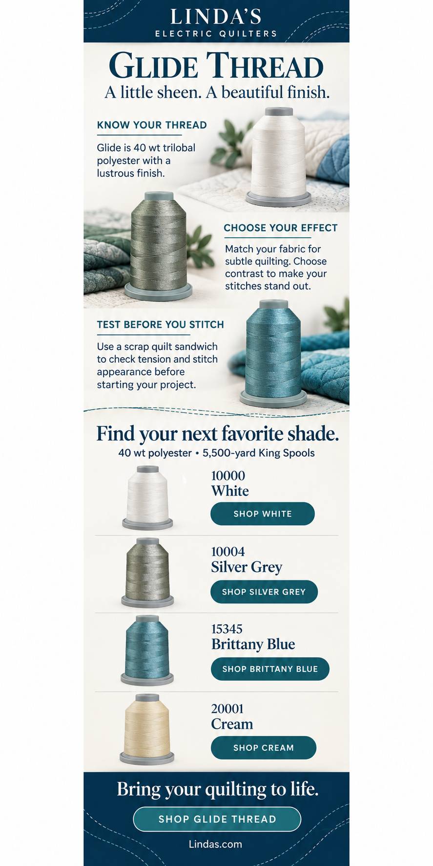 A tall, centered quilting-thread advertisement shows white, silver-gray, and teal thread spools arranged over quilted fabrics and a pale background, f...