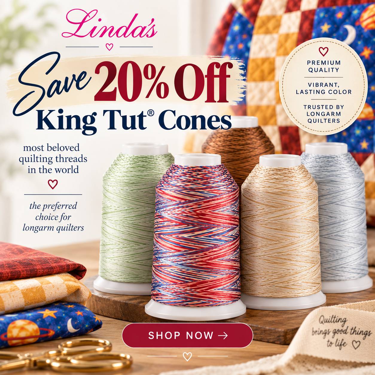Linda's Save 20% Off King Tut Cones — large cones of Superior King Tut Egyptian cotton quilting thread in green, red, tan and gray on a wooden table
