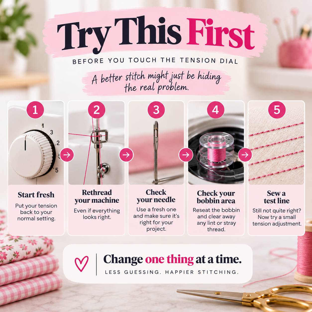 Try This First infographic: five steps to check before adjusting sewing machine tension — reset the tension dial to your normal setting, rethread the machine, check the needle, clean and reseat the bobbin, then sew a test line