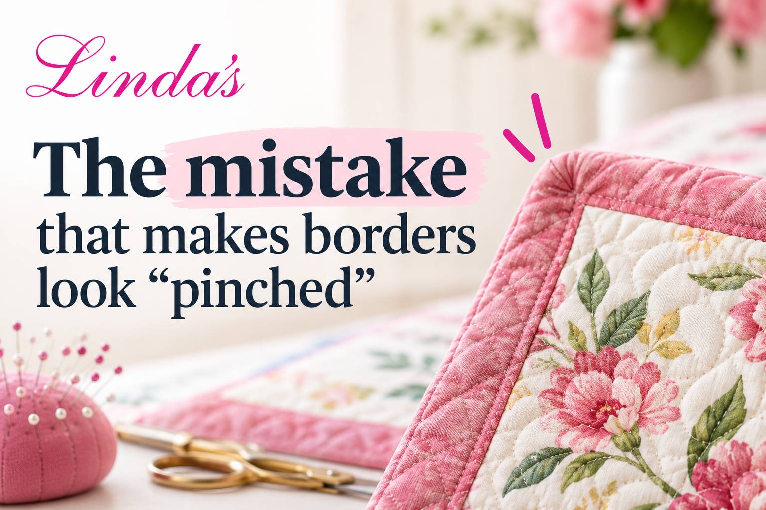 A close-up, angled view shows a pink quilted floral fabric border in the foreground, with gold-handled scissors, pink pincushion, and sewing materials...