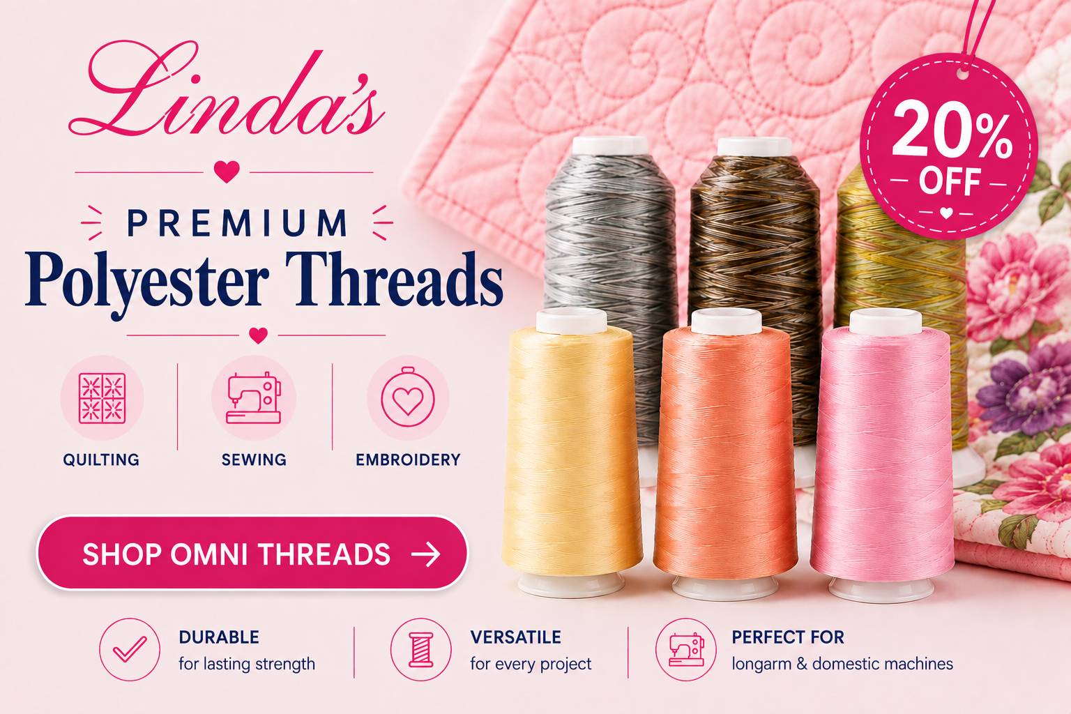 Linda's Premium Polyester Threads and Superior OMNI thread spools in a rainbow of colors — shop the thread sale