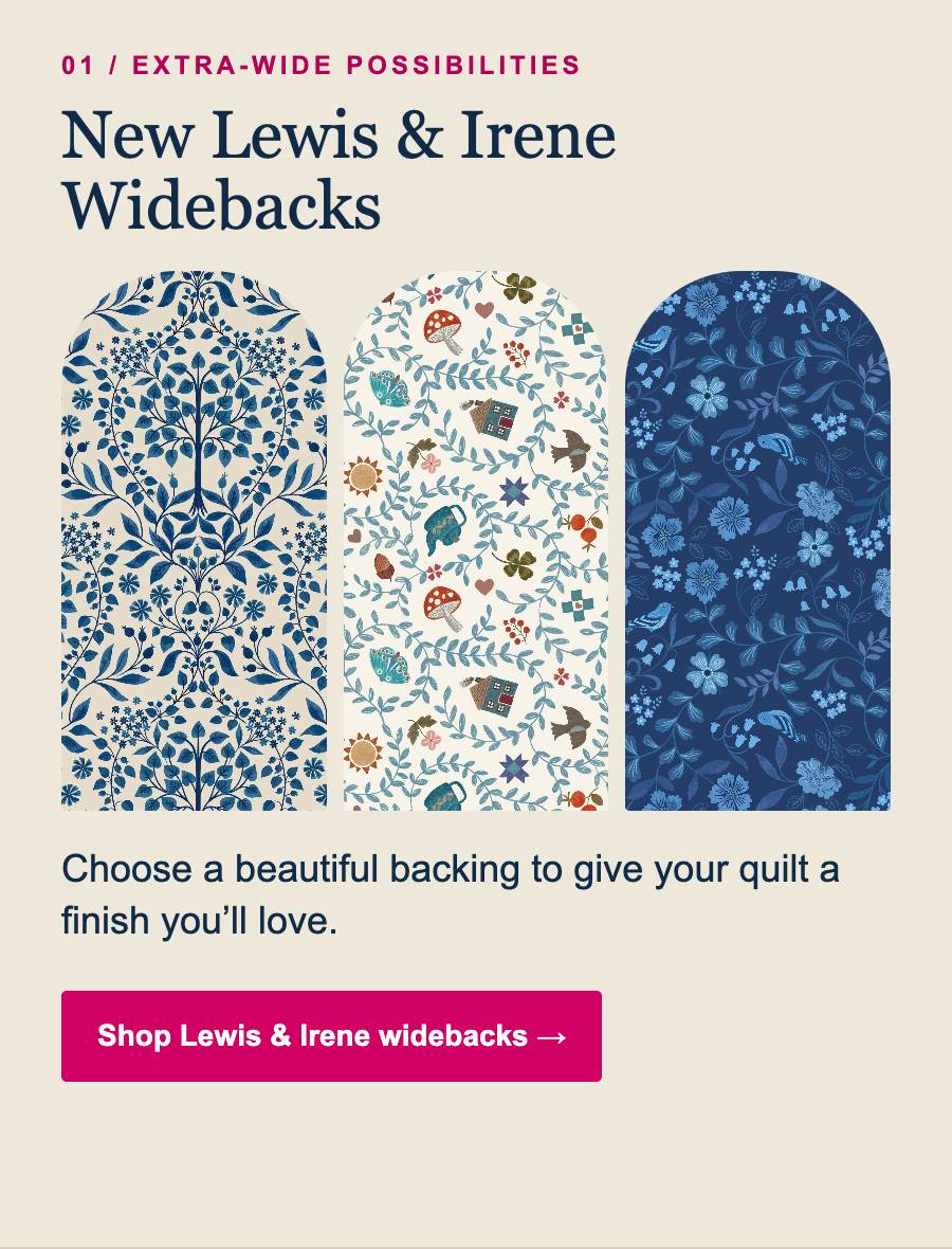 A beige promotional graphic shows three tall, rounded-top fabric backing swatches side by side: cream with symmetrical dark-blue botanical motifs, cre...