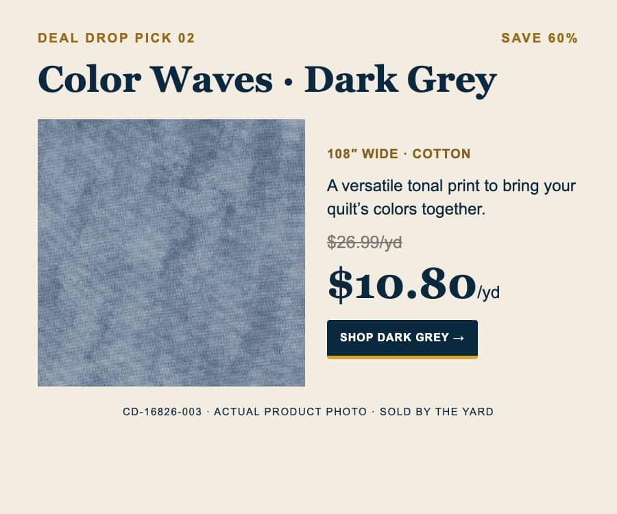 A wide, cream-colored promotional graphic shows a square close-up of mottled dark grey-blue cotton fabric on the left and product details on the right...