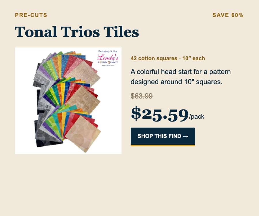 A wide, cream-colored product advertisement shows a fan-shaped stack of multicolored cotton fabric squares on the left and product details on the righ...