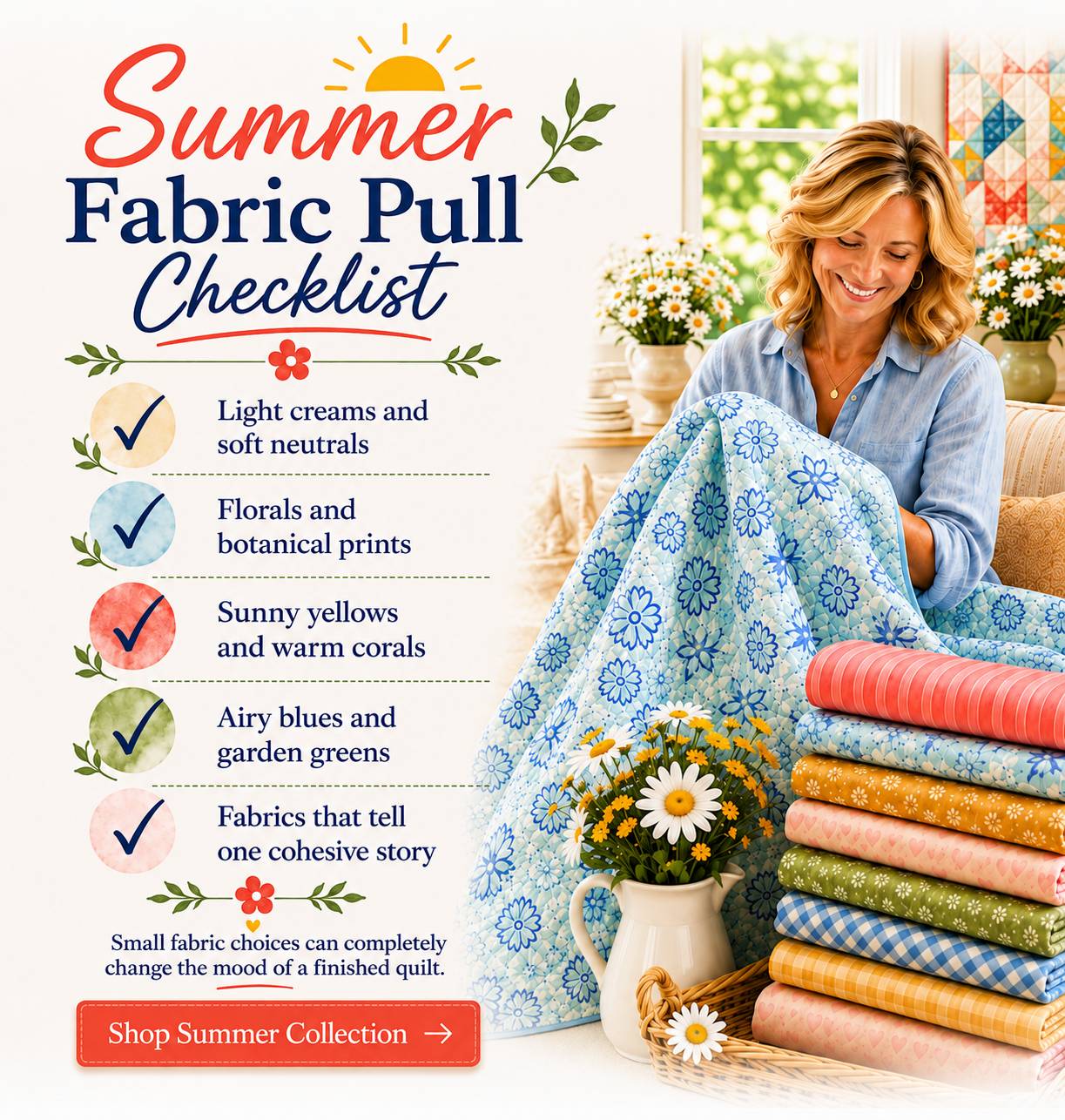 Summer fabric pull checklist: light creams and soft neutrals, florals and botanical prints, sunny yellows and warm tones