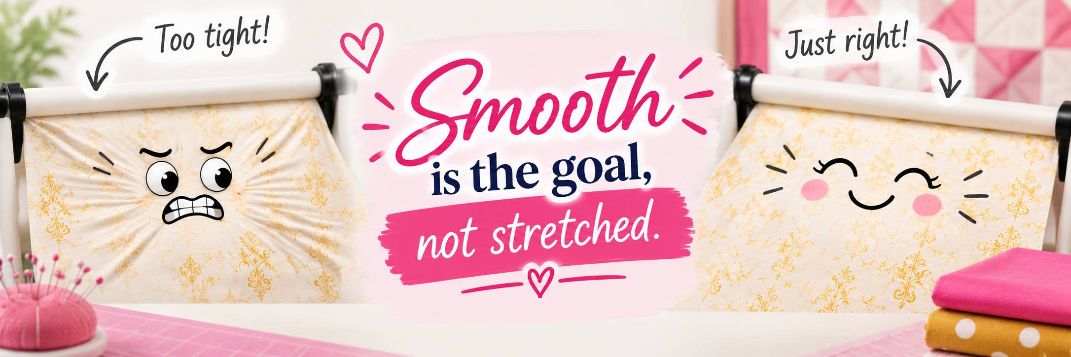 Smooth is the goal, not stretched: pink banner reminding quilters to load backing with a little give, flanked by fabric rollers