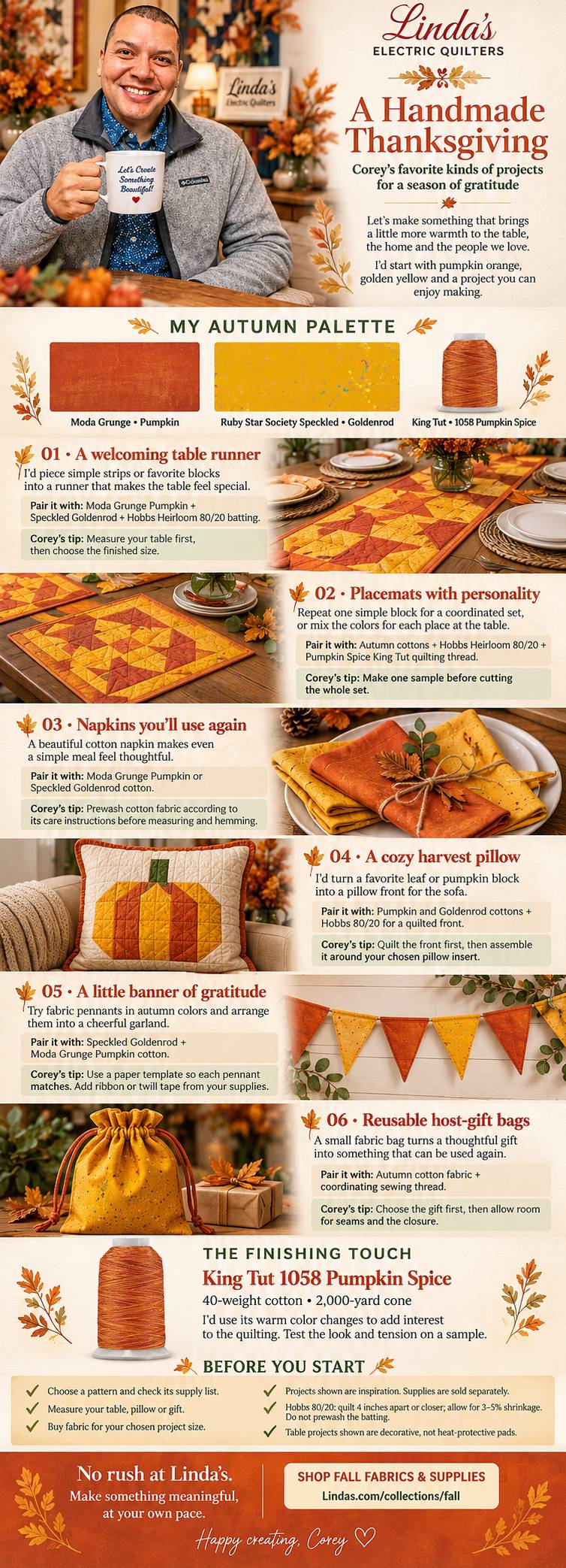 A tall, warm-toned autumn quilting infographic pairs a seated man holding a white mug in a craft shop with photographs of pumpkin-colored table runner...