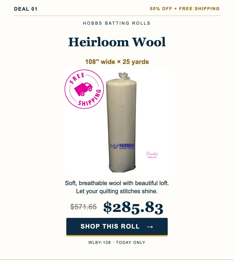 A centered, front-facing product image of a tall cream-colored wool batting roll on a white background, with a magenta circular free-shipping truck gr...