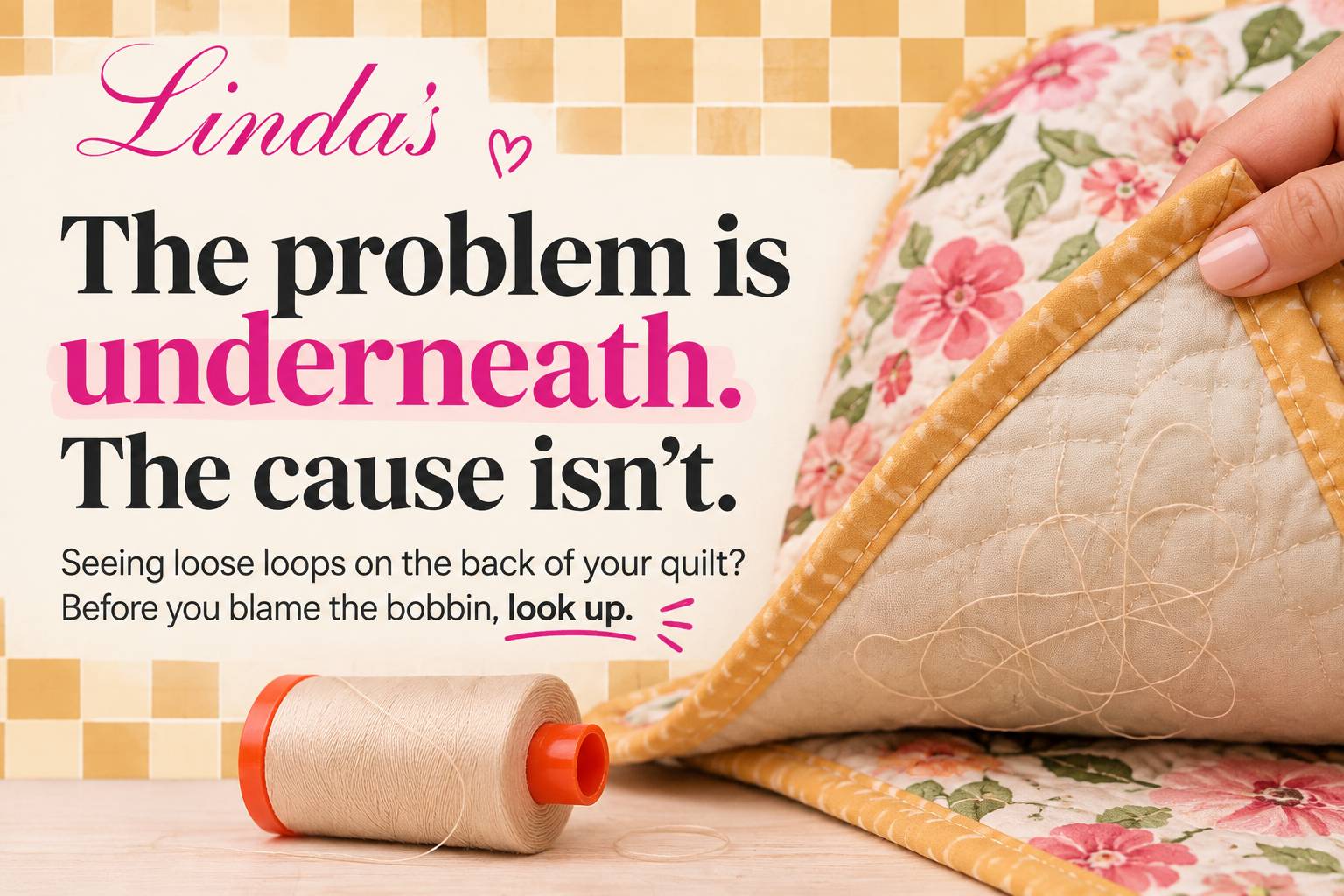 A medium shot shows a spool of beige thread with an orange plastic core resting on a wooden surface, next to a partially visible quilted fabric with a...