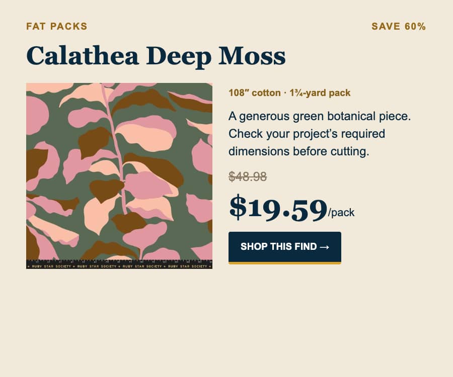 A wide, cream-colored product advertisement places a square fabric swatch on the left, patterned with abstract botanical shapes in dark green, pink, b...