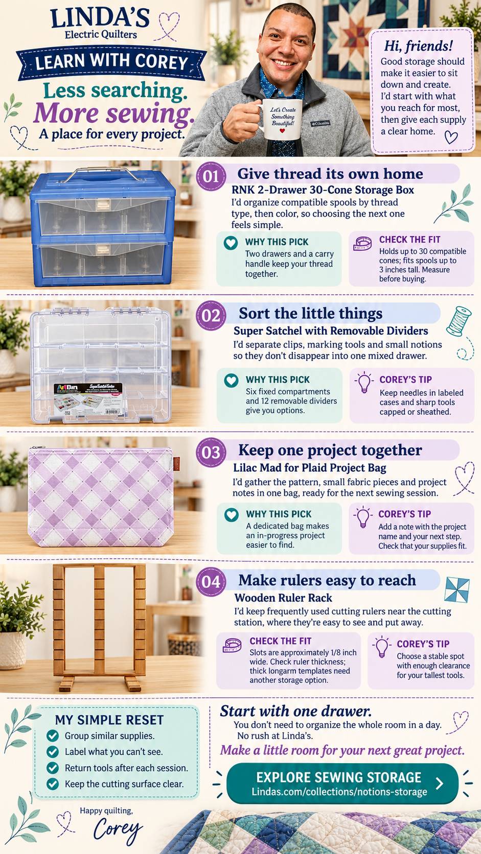 A tall, cream-colored sewing-storage infographic combines a top banner portrait of a smiling man in a gray sweater holding a mug with four product row...