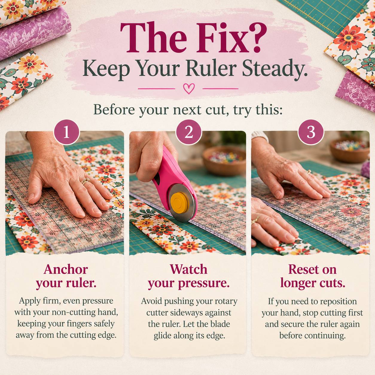 A square instructional sewing infographic on a cream textured background shows three close-up panels of hands using a transparent gridded ruler and pi...