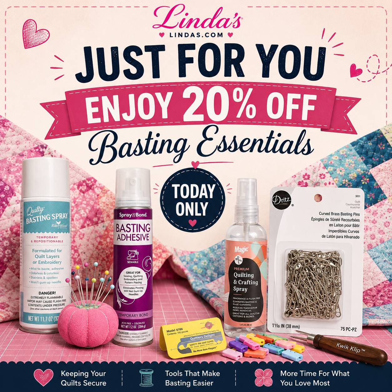 Linda's basting essentials flat lay with quilt basting spray, SpraynBond adhesive, curved safety pins, and a Kwik Klip pin closer