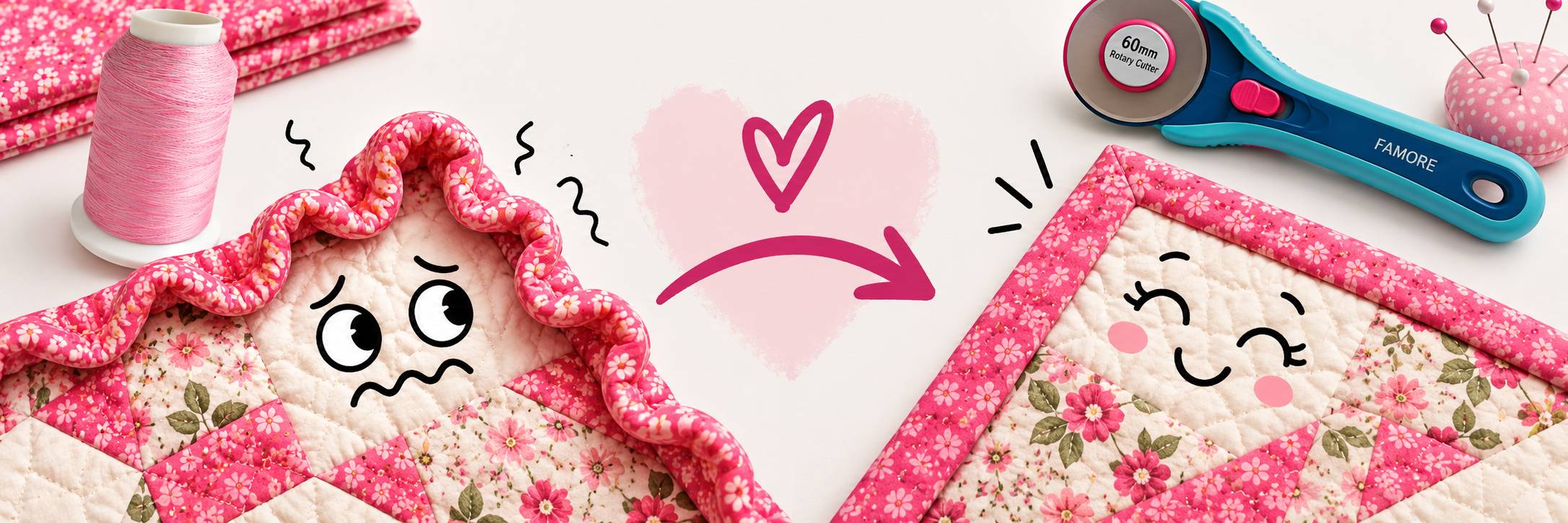 A wide, overhead craft illustration shows two pink-and-cream floral quilt pieces on a white surface, with a wavy fabric edge and cartoon facial featur...