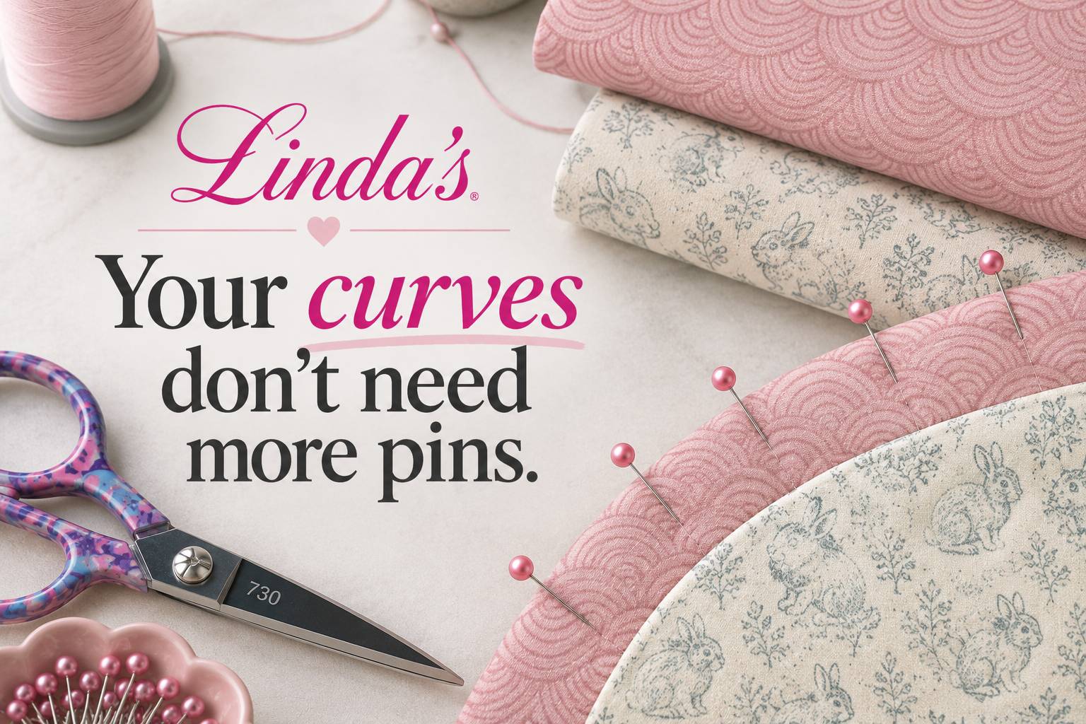 Overhead flat-lay of pink thread, folded pink and cream floral fabrics, pink-headed sewing pins, a pin cushion, and patterned scissors marked “730” on...