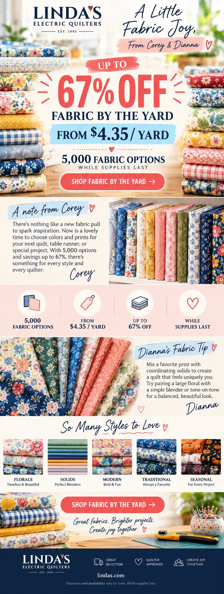 A tall, vertically arranged fabric sale graphic shows stacks and rolls of colorful floral, plaid, solid, and patterned quilting fabric around central ...