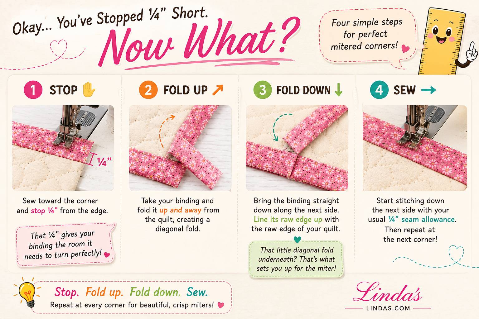 Four-step graphic for perfect mitered binding corners: stop a quarter inch short, fold the binding up at a 45 degree angle, fold it back down along the next edge, and resume stitching from the top